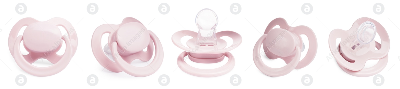 Image of Collage of pale pink baby pacifier on white background, views from different sides