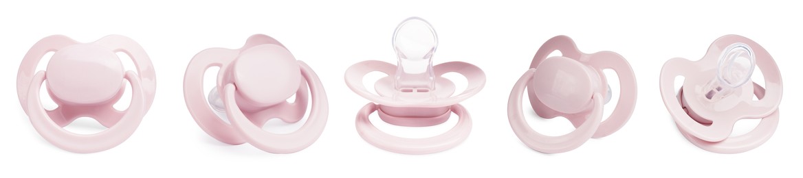 Collage of pale pink baby pacifier on white background, views from different sides