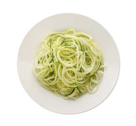 Photo of Delicious fresh zucchini pasta on white background, top view