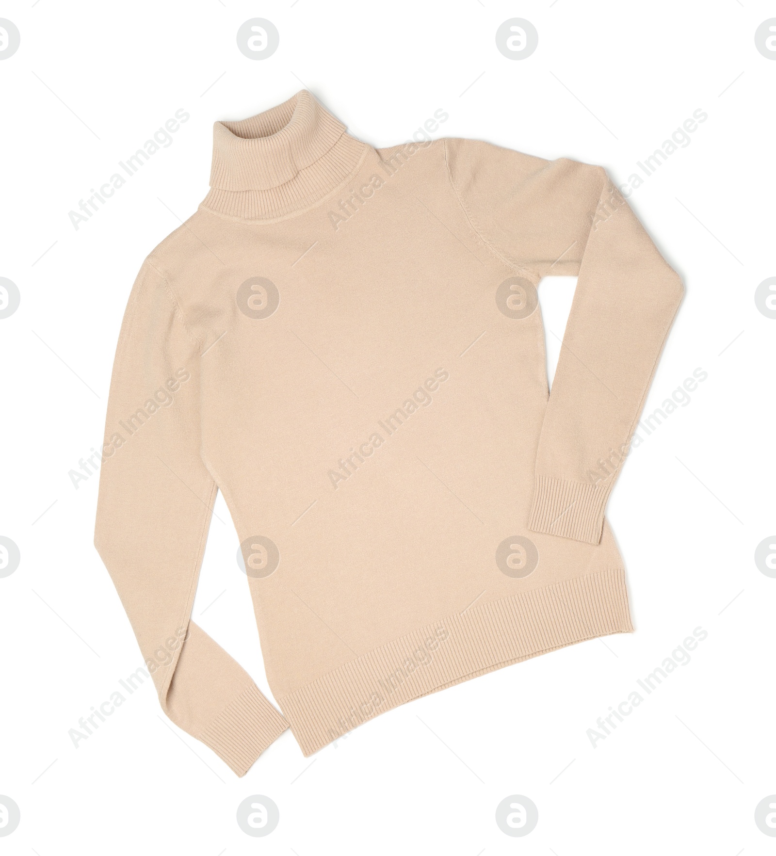 Photo of Beige cashmere sweater isolated on white, top view