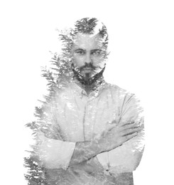 Image of Double exposure of man and trees on white background, black and white effect