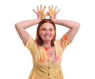 Woman covered with colorful powder dyes on white background. Holi festival celebration