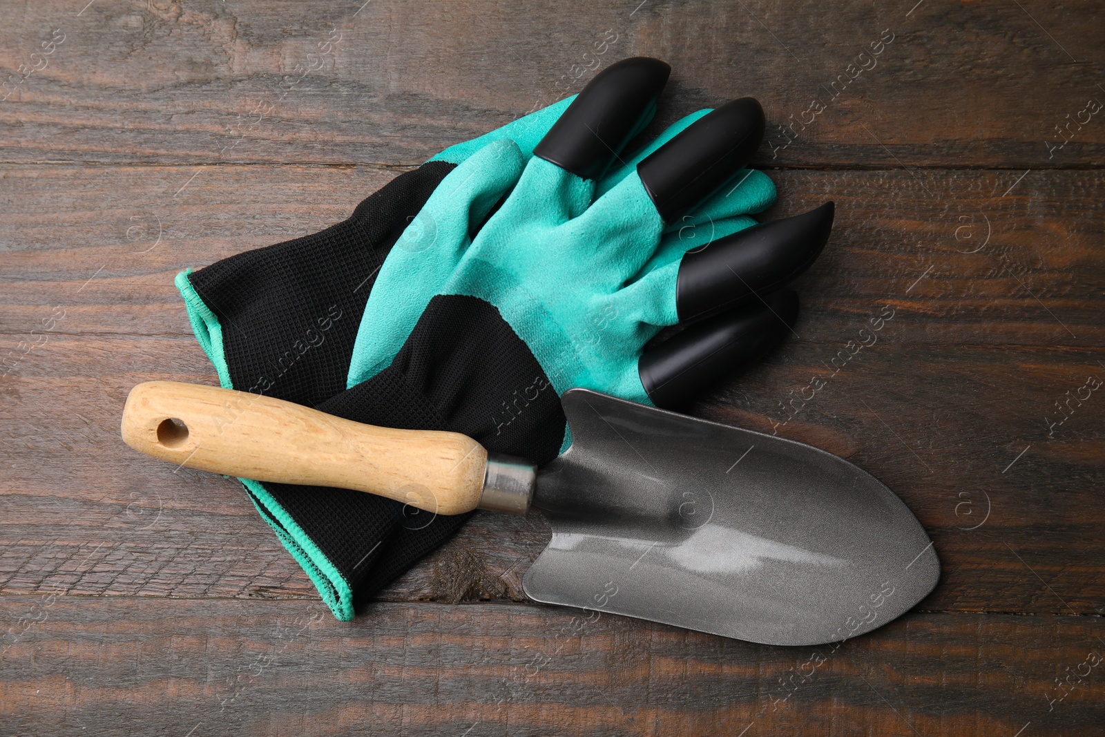 Photo of Pair of claw gardening gloves and trowel on wooden table, top view