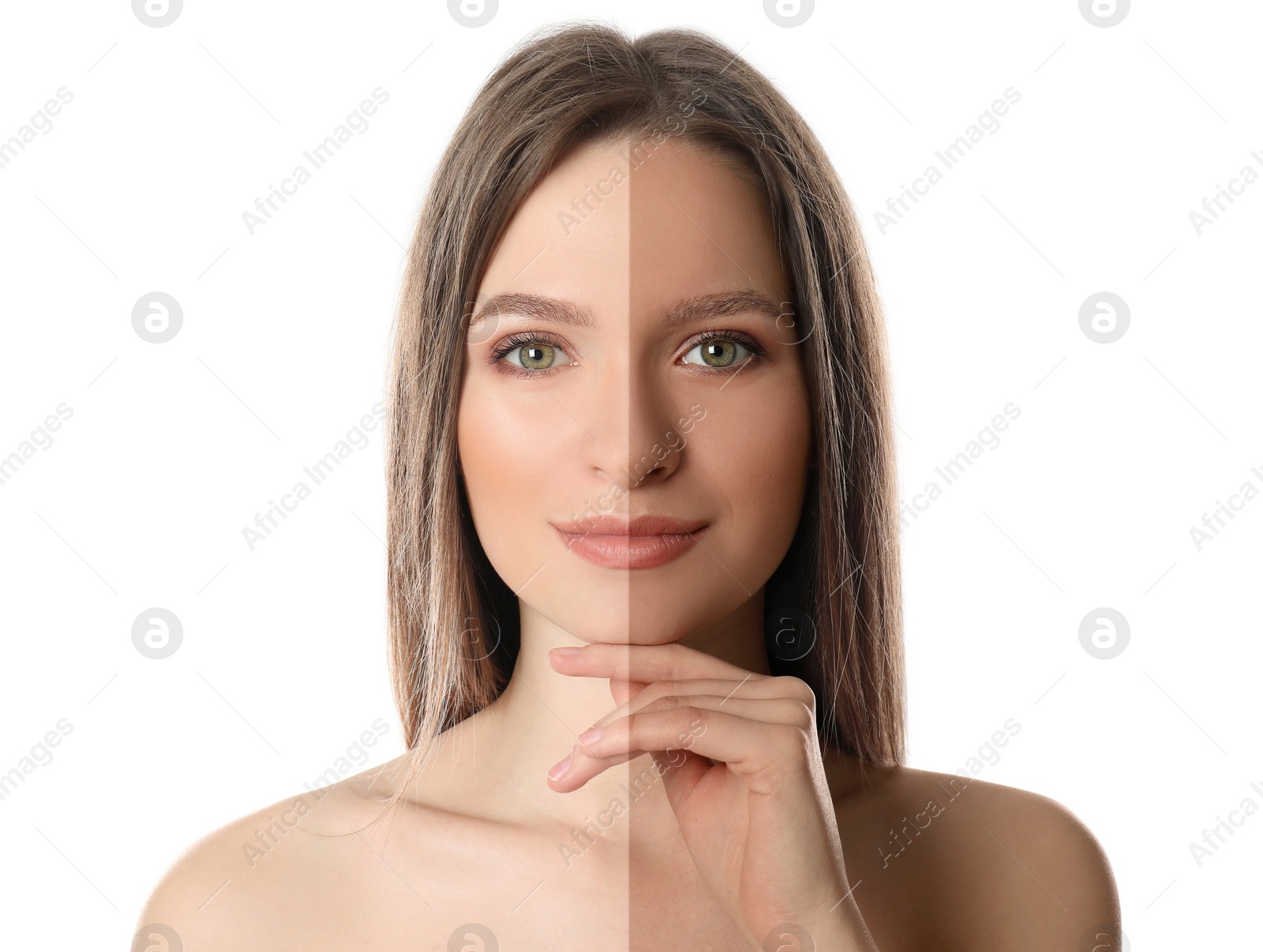 Image of Collage with photos of beautiful young woman before and after tanning on white background