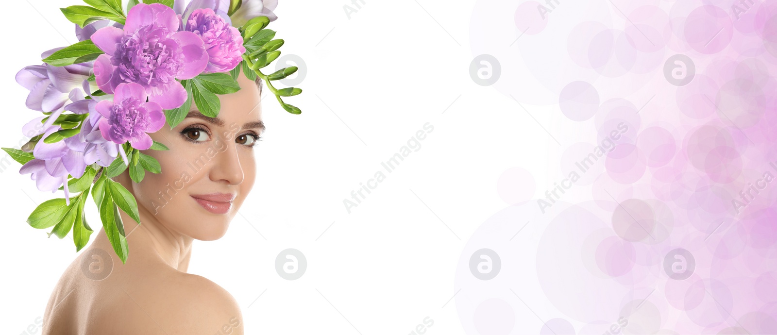 Image of Young woman with beautiful makeup wearing flower wreath on light background, space for text. Banner design