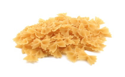 Photo of Pile of raw farfalle pasta isolated on white