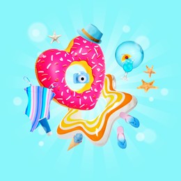 Ice cream, cocktail and beach accessories flying on light blue background