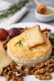 Photo of Tasty baked camembert, croutons and walnuts on table, closeup