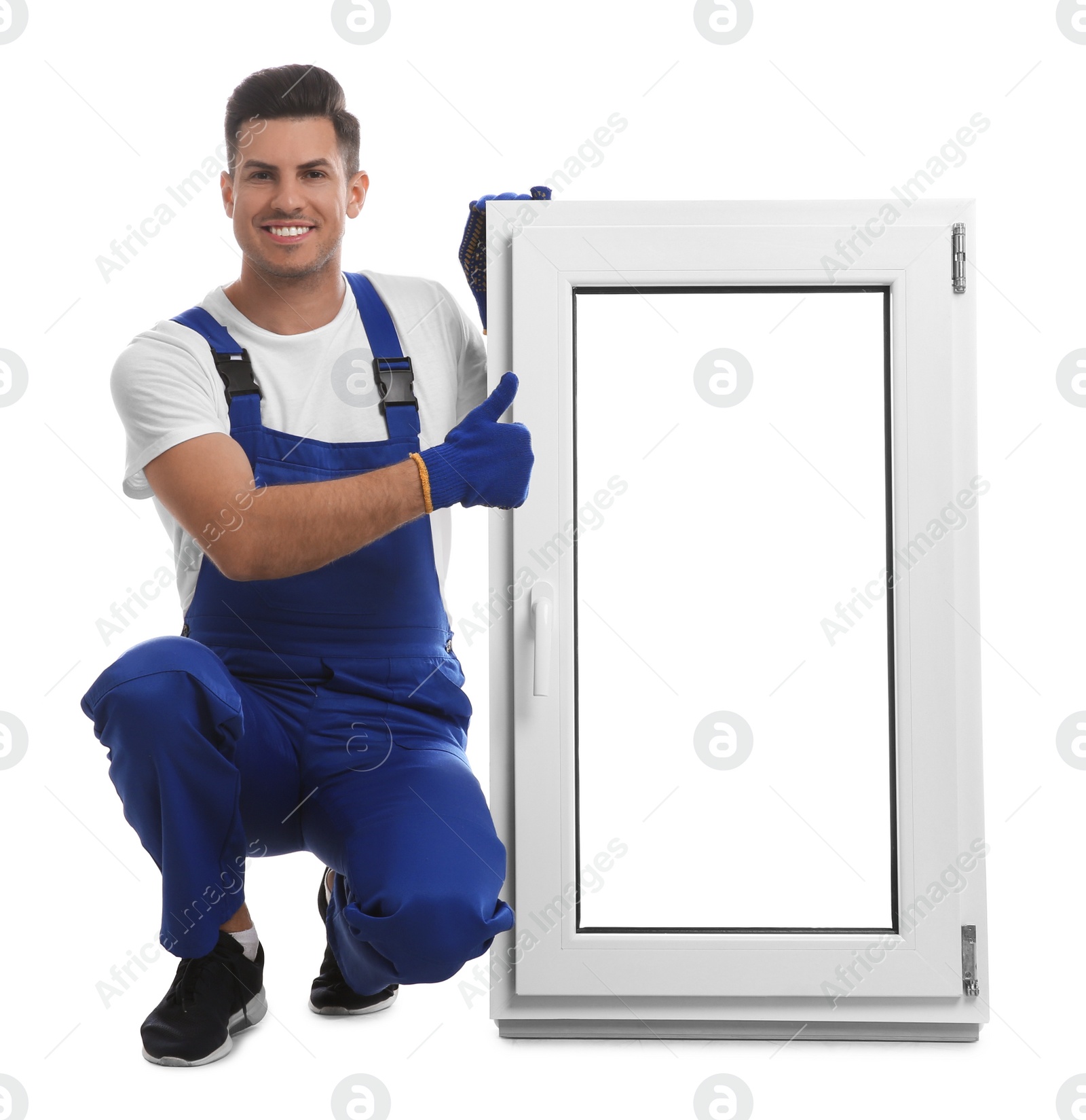 Photo of Worker with plastic window on white background. Installation service