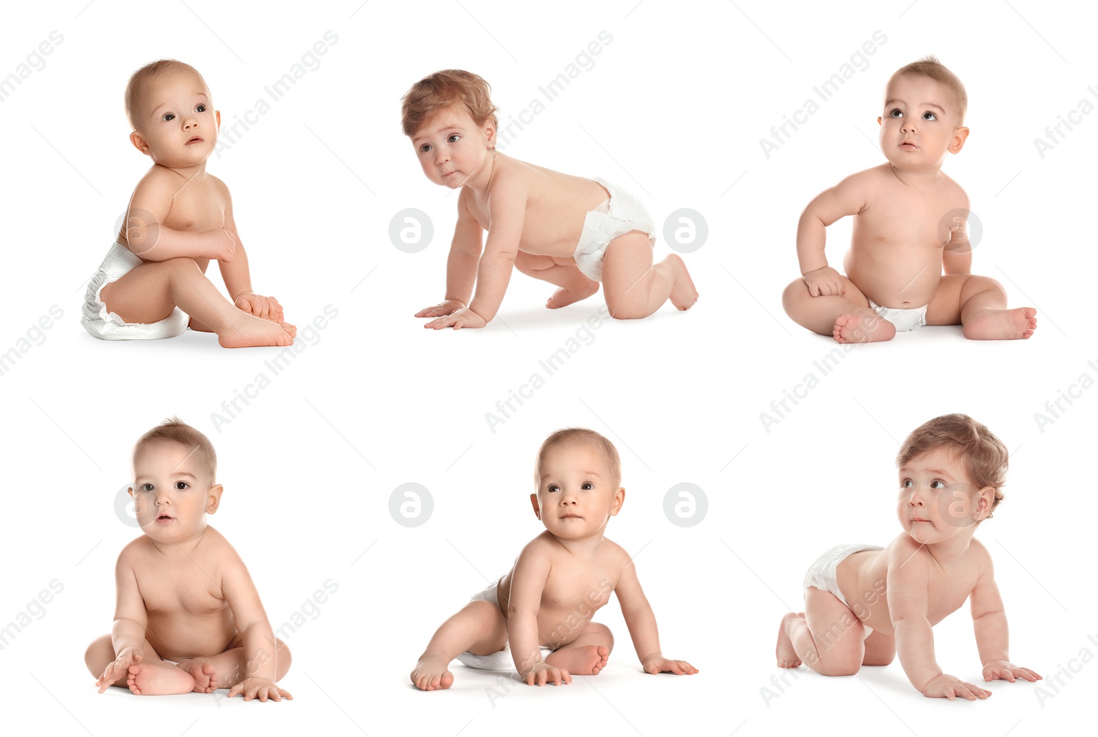 Image of Collage of cute little babies on white background