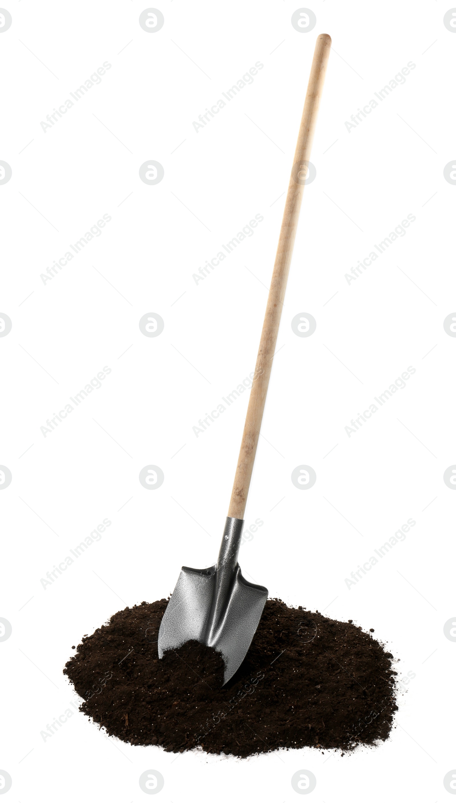 Shovel and pile of soil isolated on white Photo of Shovel and pile of soil isolated on white