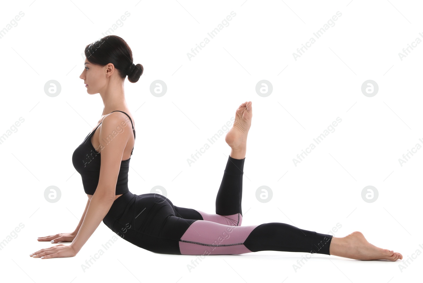 Photo of Professional young acrobat exercising on white background