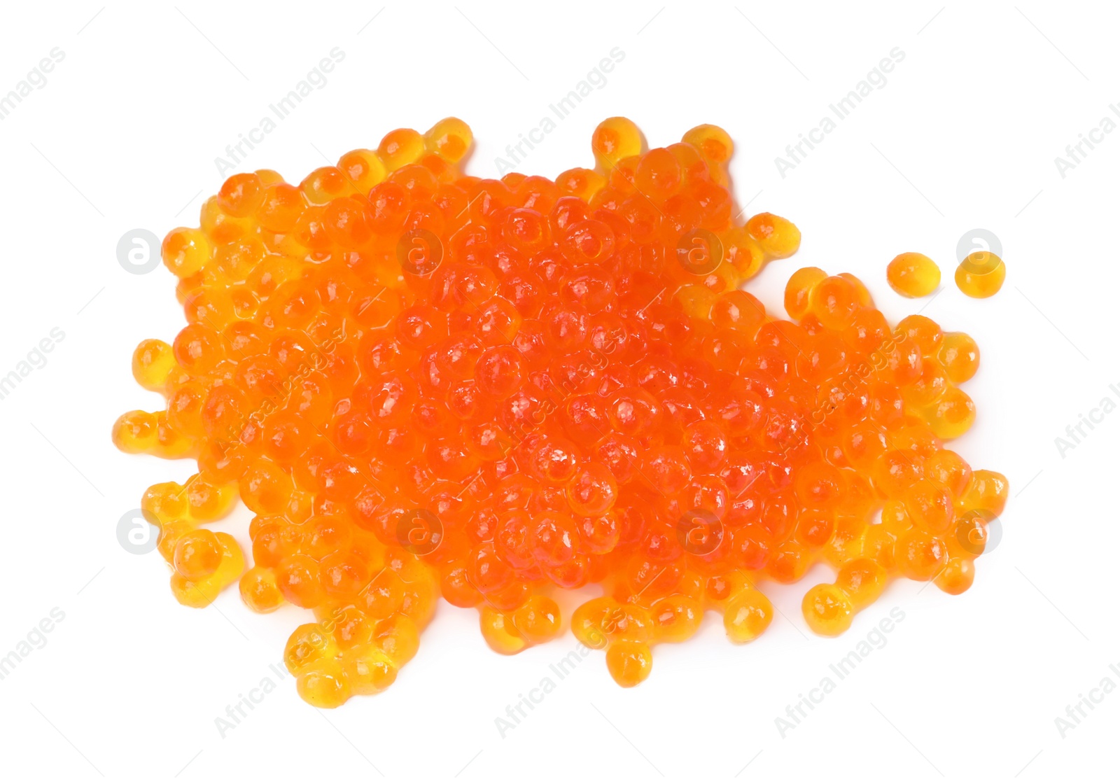 Photo of Pile of delicious red caviar isolated on white, top view