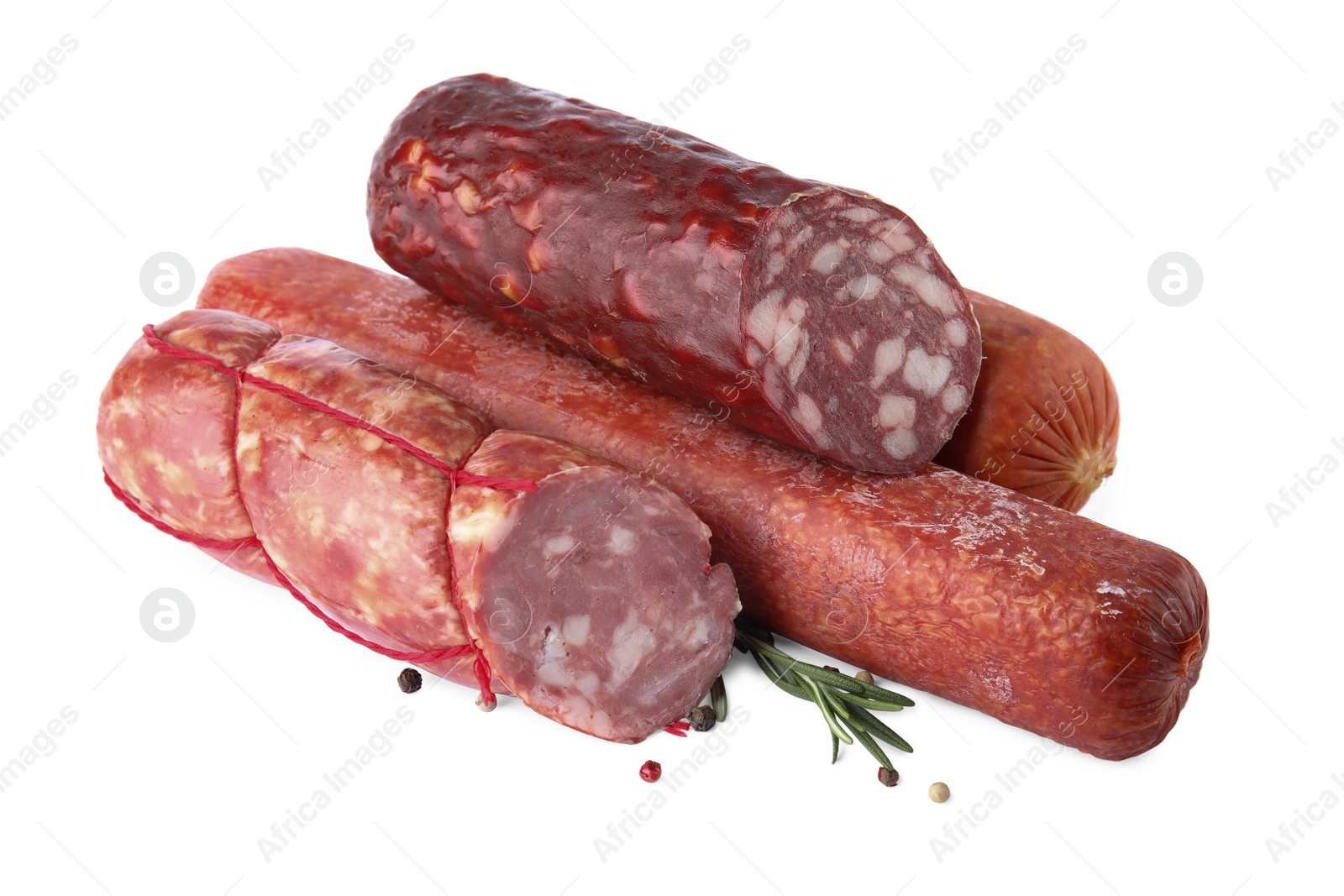 Photo of Different types of sausages on white background