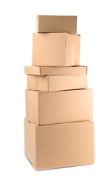 Photo of Pile of cardboard boxes on white background