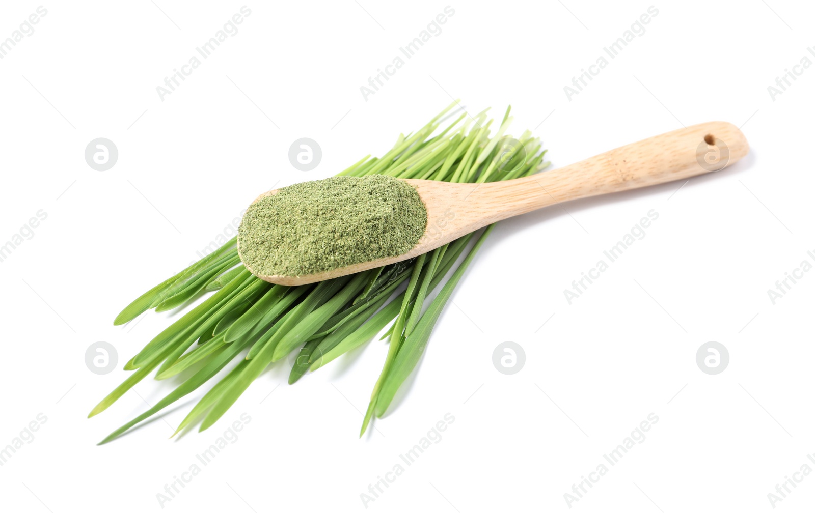 Photo of Wheat grass powder in spoon and fresh sprouts isolated on white