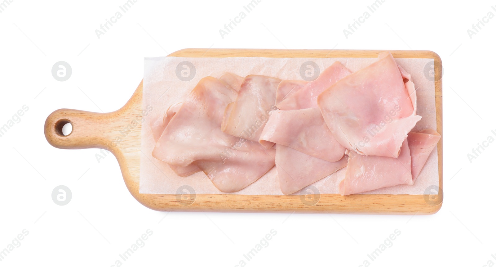 Photo of Delicious ham slices with wooden board isolated on white, top view