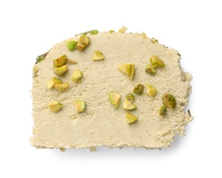 Photo of Piece of tasty halva with pistachios isolated on white, top view