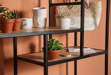 Photo of Stylish shelving unit with decorative elements near color wall. Interior design