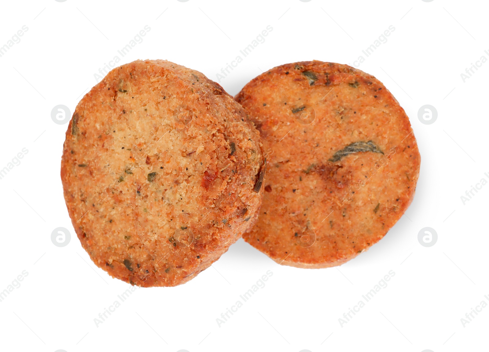 Photo of Delicious vegan cutlets on white background, top view