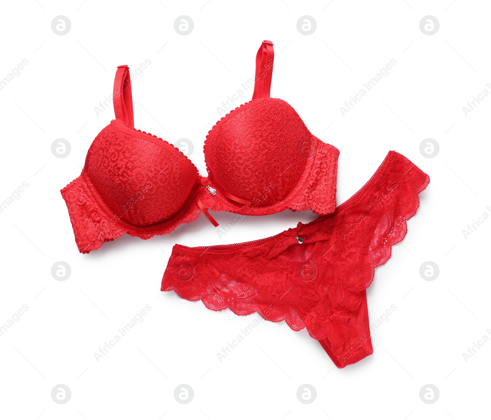Photo of Elegant red women's underwear on white background, top view
