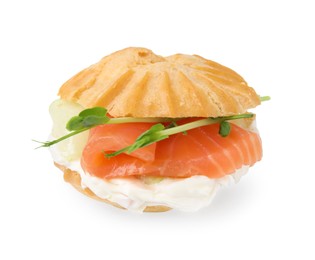 Photo of Delicious profiterole with cream cheese and salmon isolated on white