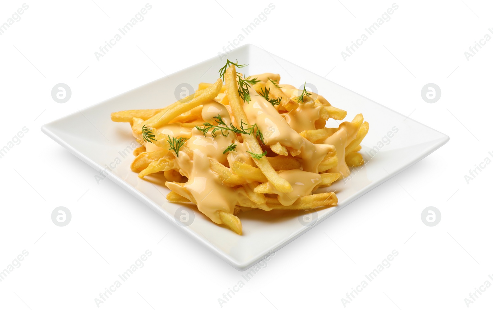 Photo of Delicious french fries with cheese sauce and dill isolated on white