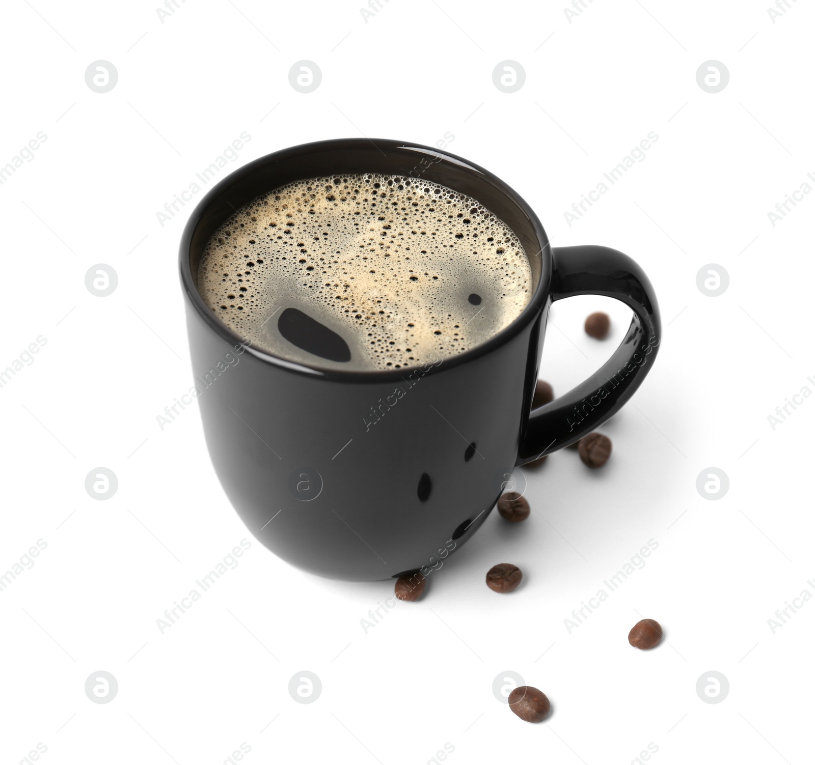 Photo of Cup with delicious hot coffee on white background