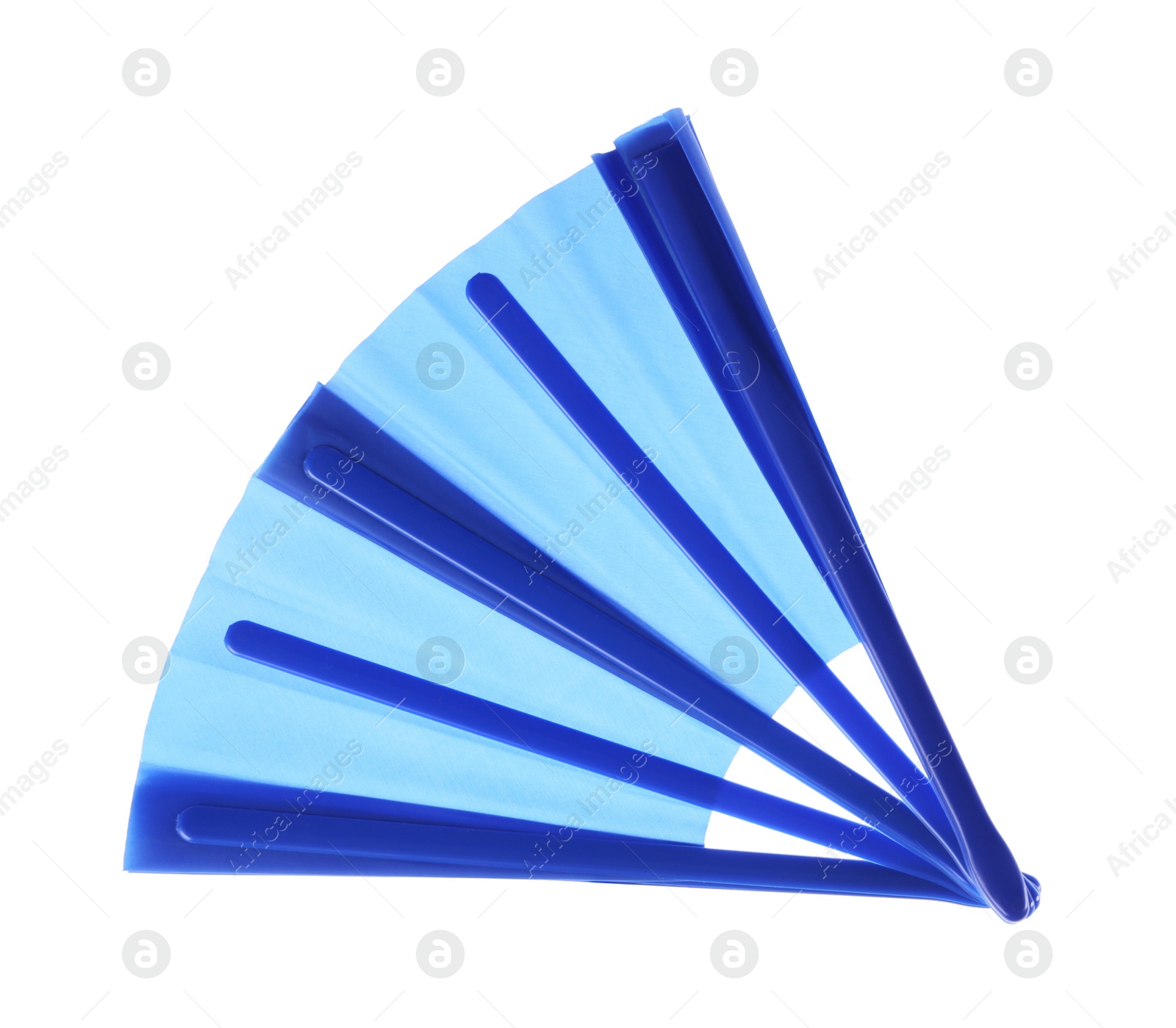 Photo of Blue hand fan isolated on white, top view