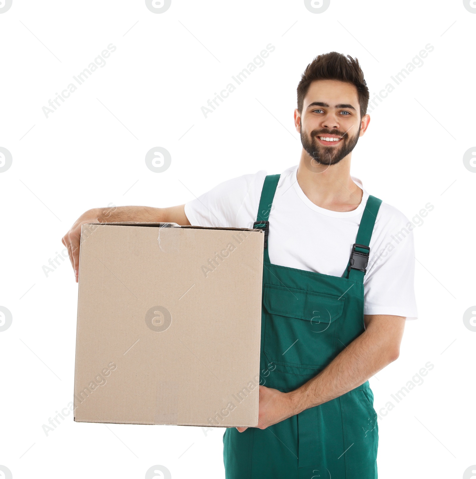 Photo of Young worker carrying box isolated on white. Moving service