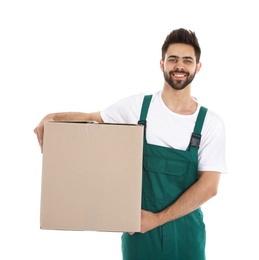 Young worker carrying box isolated on white. Moving service