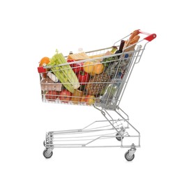 Photo of Shopping cart full of groceries on white background