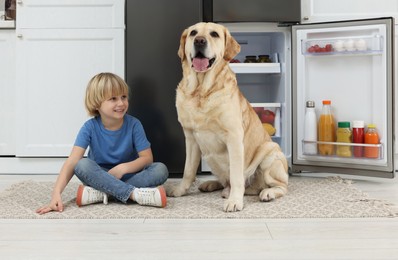 Photo of Little boy and cute Labrador Retriever near refrigerator in kitchen