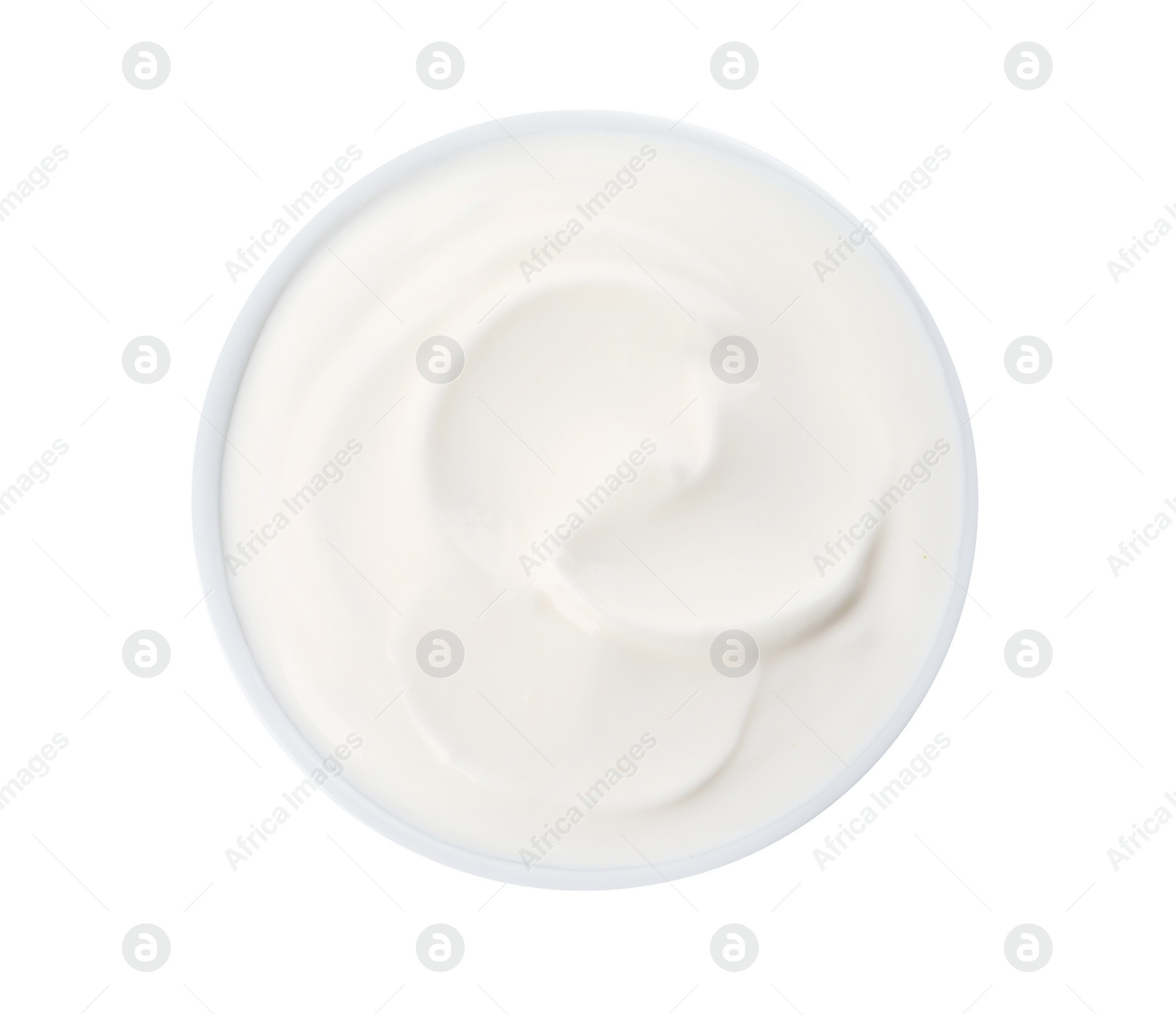 Photo of Bowl with delicious organic yogurt isolated on white, top view