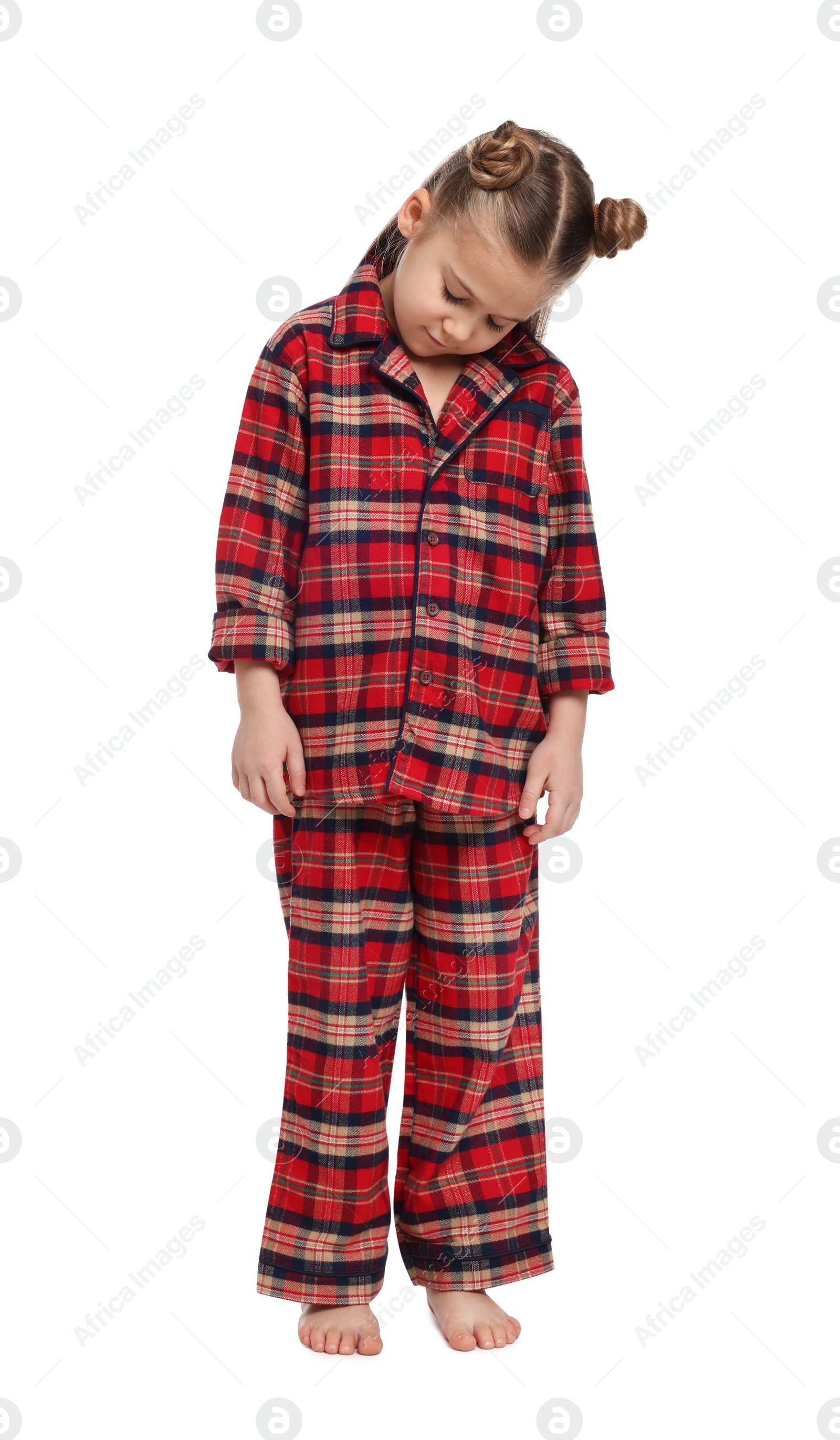 Photo of Girl in pajamas sleepwalking on white background