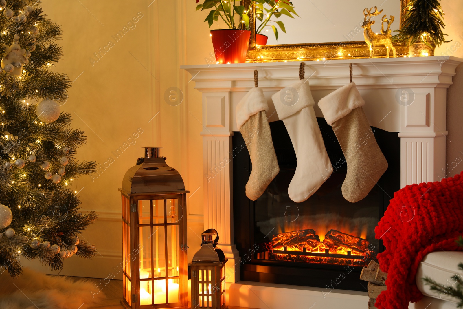 Photo of Fireplace in beautiful living room decorated for Christmas