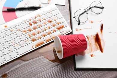 Photo of Cup of coffee spilled over computer keyboard on wooden office desk, above view