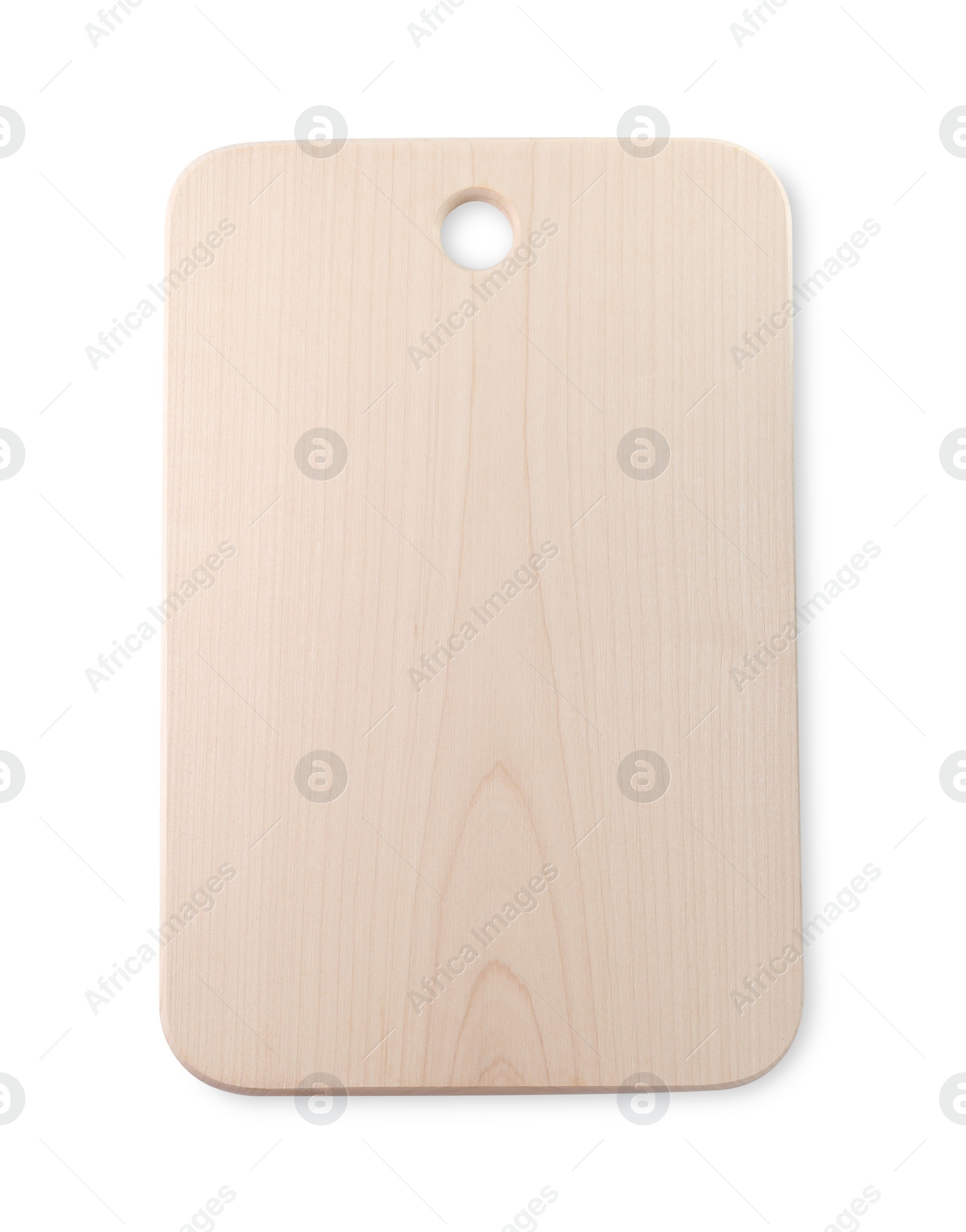 Photo of One wooden cutting board isolated on white, top view