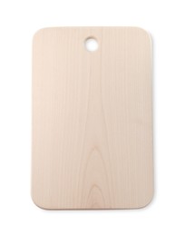 Photo of One wooden cutting board isolated on white, top view