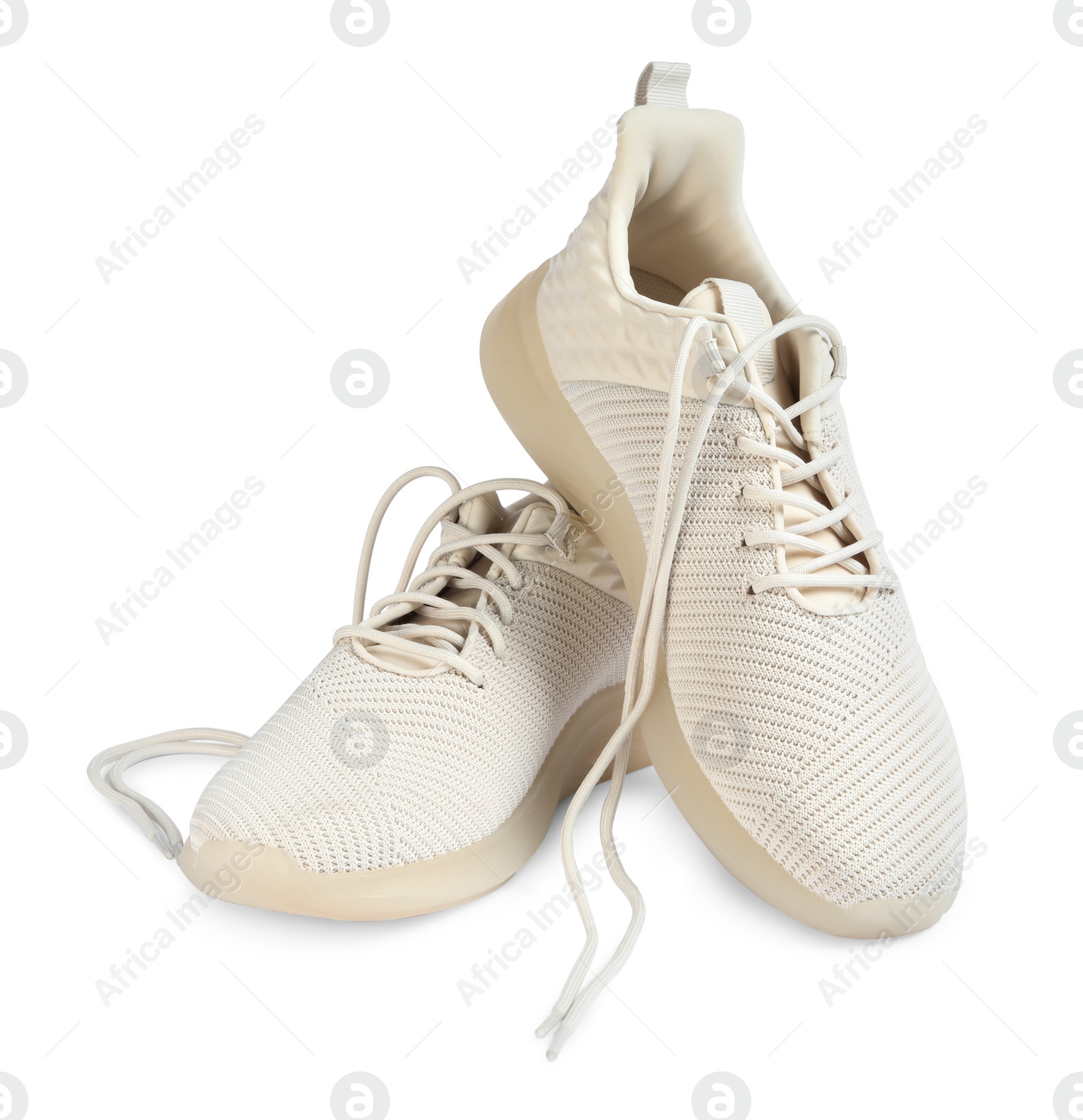 Photo of Pair of stylish shoes with laces on white background