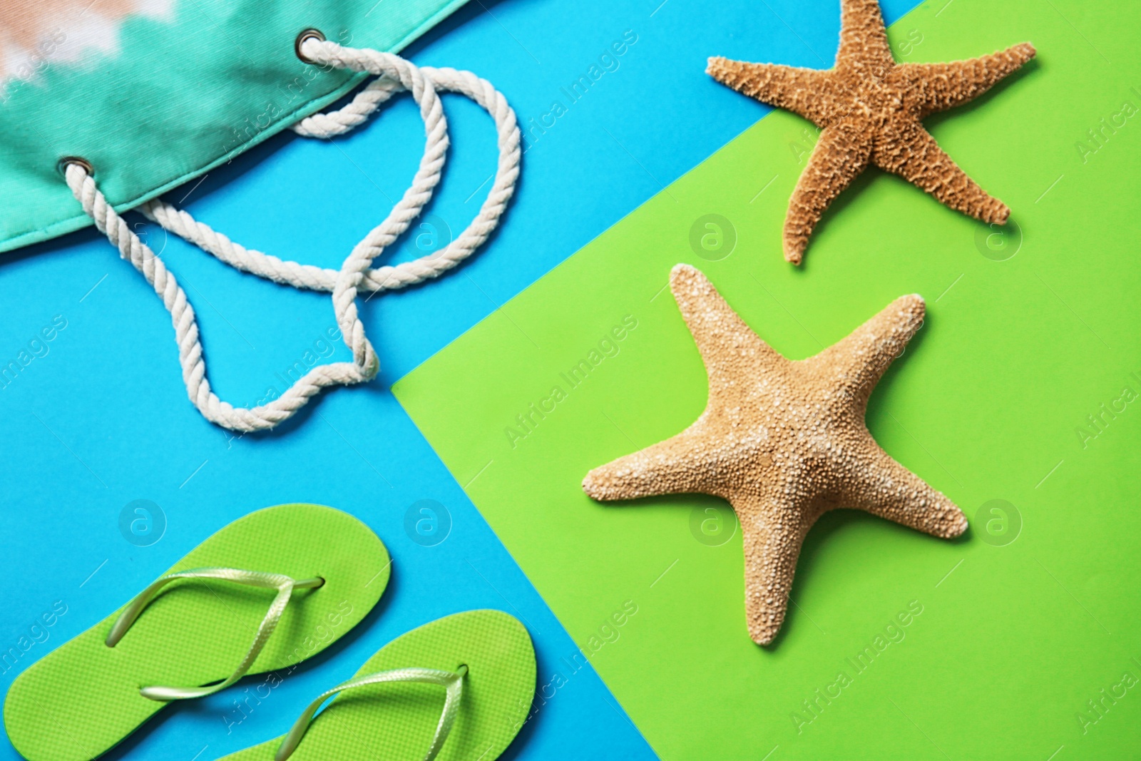 Photo of Flat lay composition with starfish and beach objects on color background