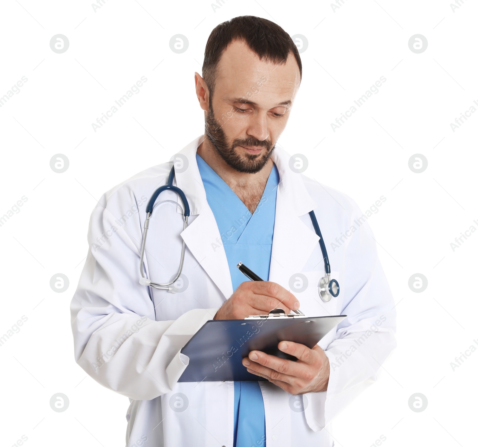 Photo of Portrait of male doctor with clipboard isolated on white. Medical staff