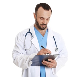 Portrait of male doctor with clipboard isolated on white. Medical staff