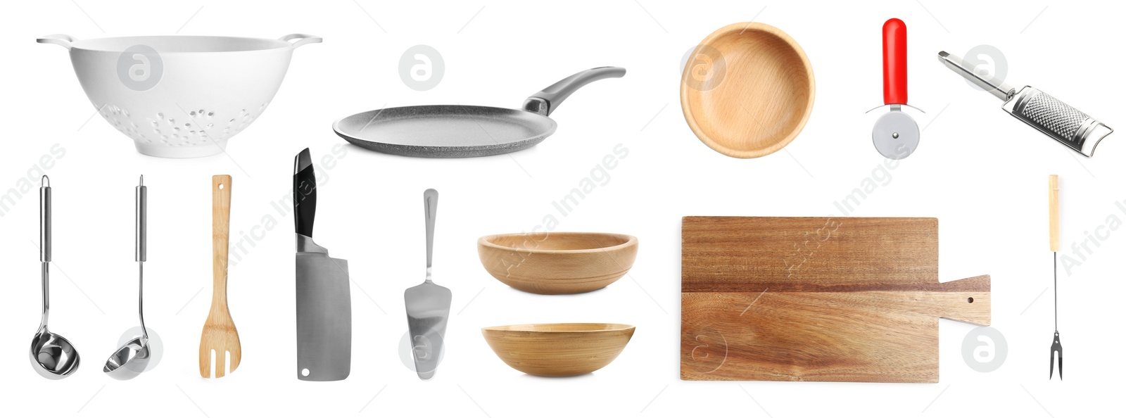 Image of Set with different cooking utensils on white background, banner design 
