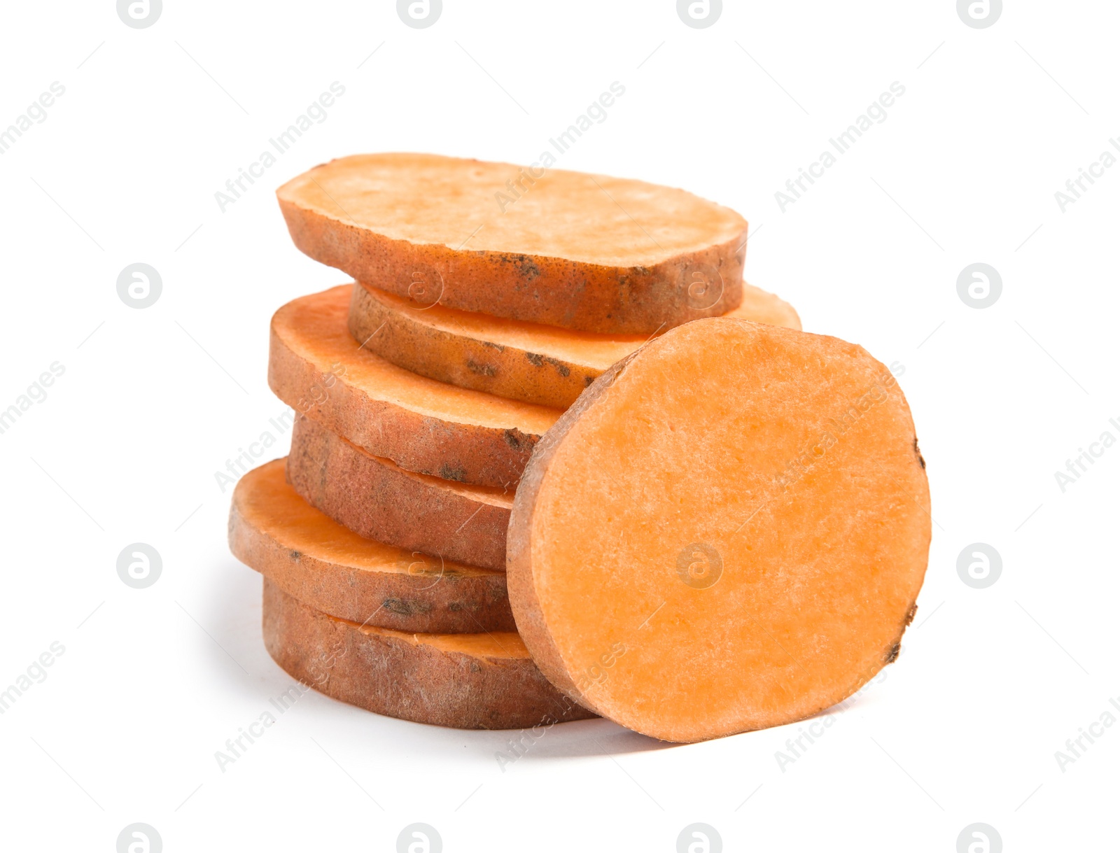 Photo of Slices of ripe sweet potato on white background