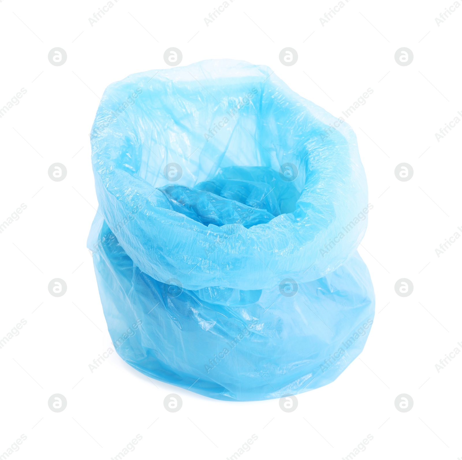 Photo of Blue plastic garbage bag isolated on white