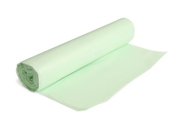 Photo of Roll of garbage bags on white background. Cleaning supplies