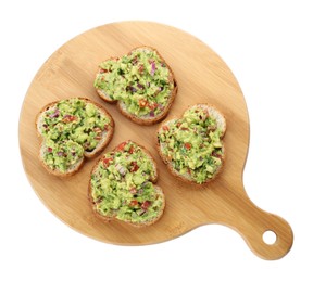 Photo of Slices of bread with tasty guacamole isolated on white, top view
