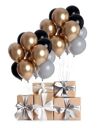 Image of Bunch of color balloons and beautiful gift boxes on white background