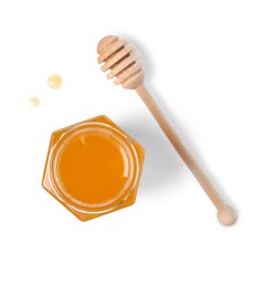 Photo of Tasty honey in glass jar and dipper isolated on white, top view